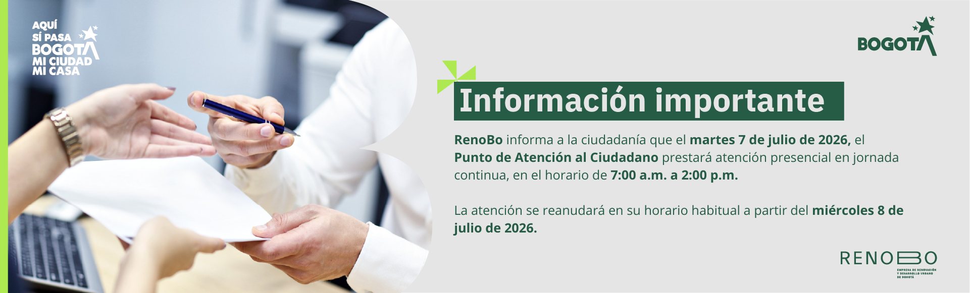 Horario de atención para el 07 de julio será de 7:00 am a 2:00 pm